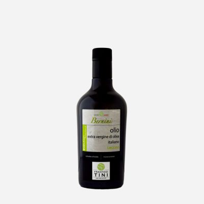 Bottiglia da 500ml di Olio Extravergine di Oliva Bernini Monocultivar Leccino estratto a freddo - Frantoio Tini.