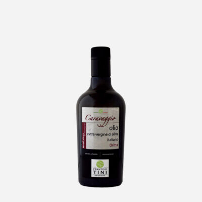 Bottiglia da 500ml di Olio Extravergine di Oliva Caravaggio Monocultivar Dritta estratto a freddo - Frantoio Tini.