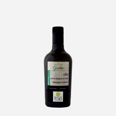 Bottiglia da 500 ml di Olio Extravergine di Oliva Giotto Multicultivar Bio estratto a freddo - Frantoio Tini.