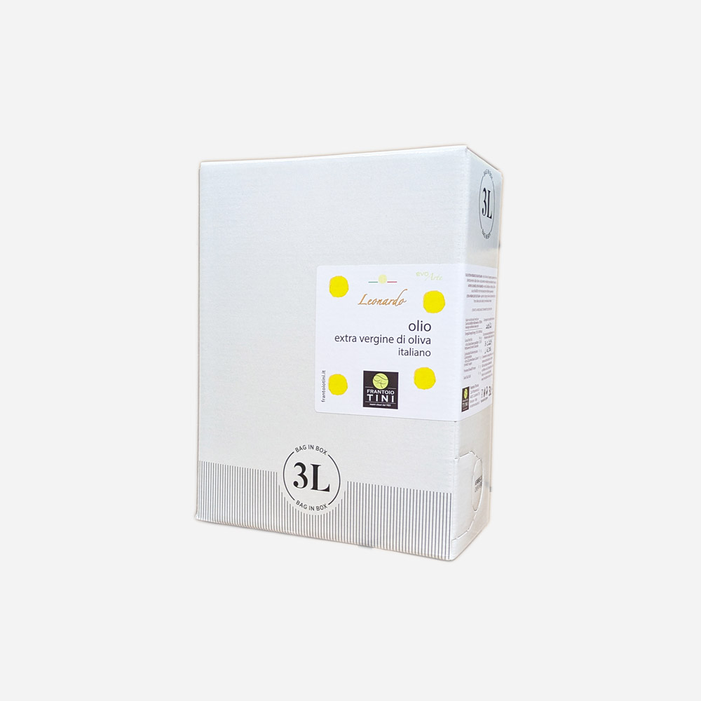 Bag in Box da 3 L di Olio Extravergine di Oliva Leonardo Multicultivar estratto a freddo - Frantoio Tini.