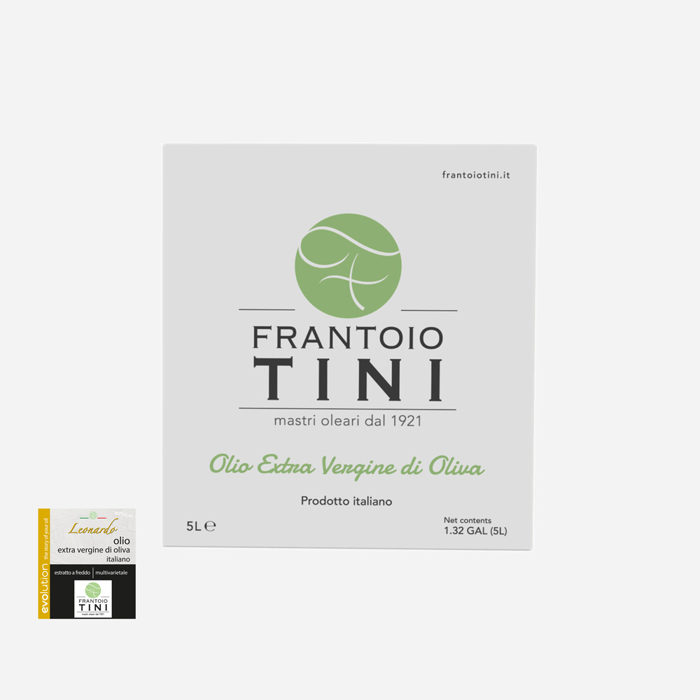 Bag in Box da 5 L di Olio Extravergine di Oliva Leonardo Multicultivar estratto a freddo - Frantoio Tini.