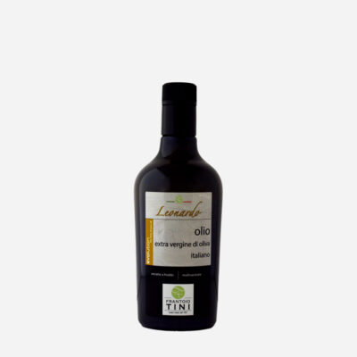 Bottiglia da 500 ml di Olio Extravergine di Oliva Leonardo Multicultivar estratto a freddo - Frantoio Tini.
