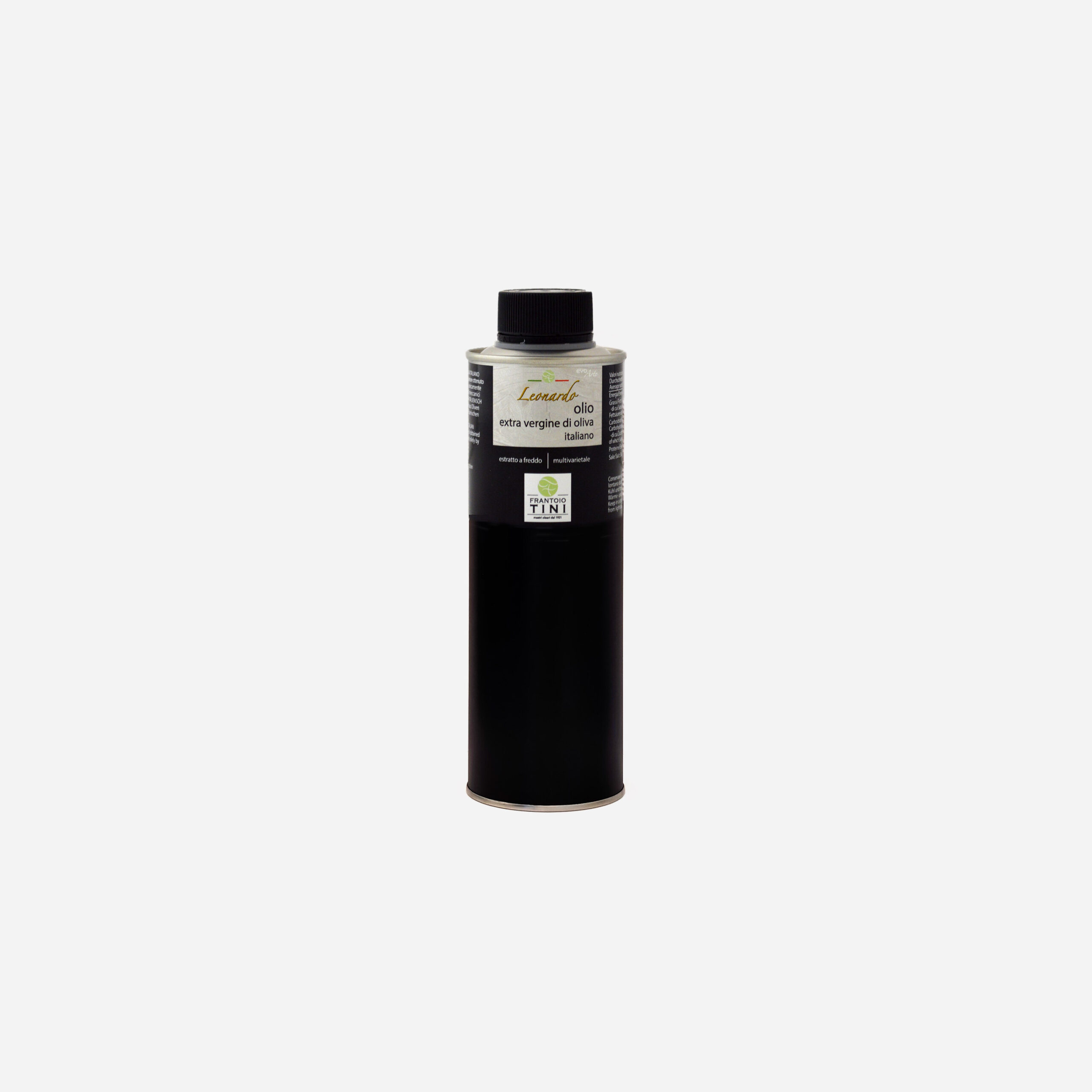 Cilindro da 250ml di Olio Extravergine di Oliva Leonardo Multicultivar estratto a freddo - Frantoio Tini.
