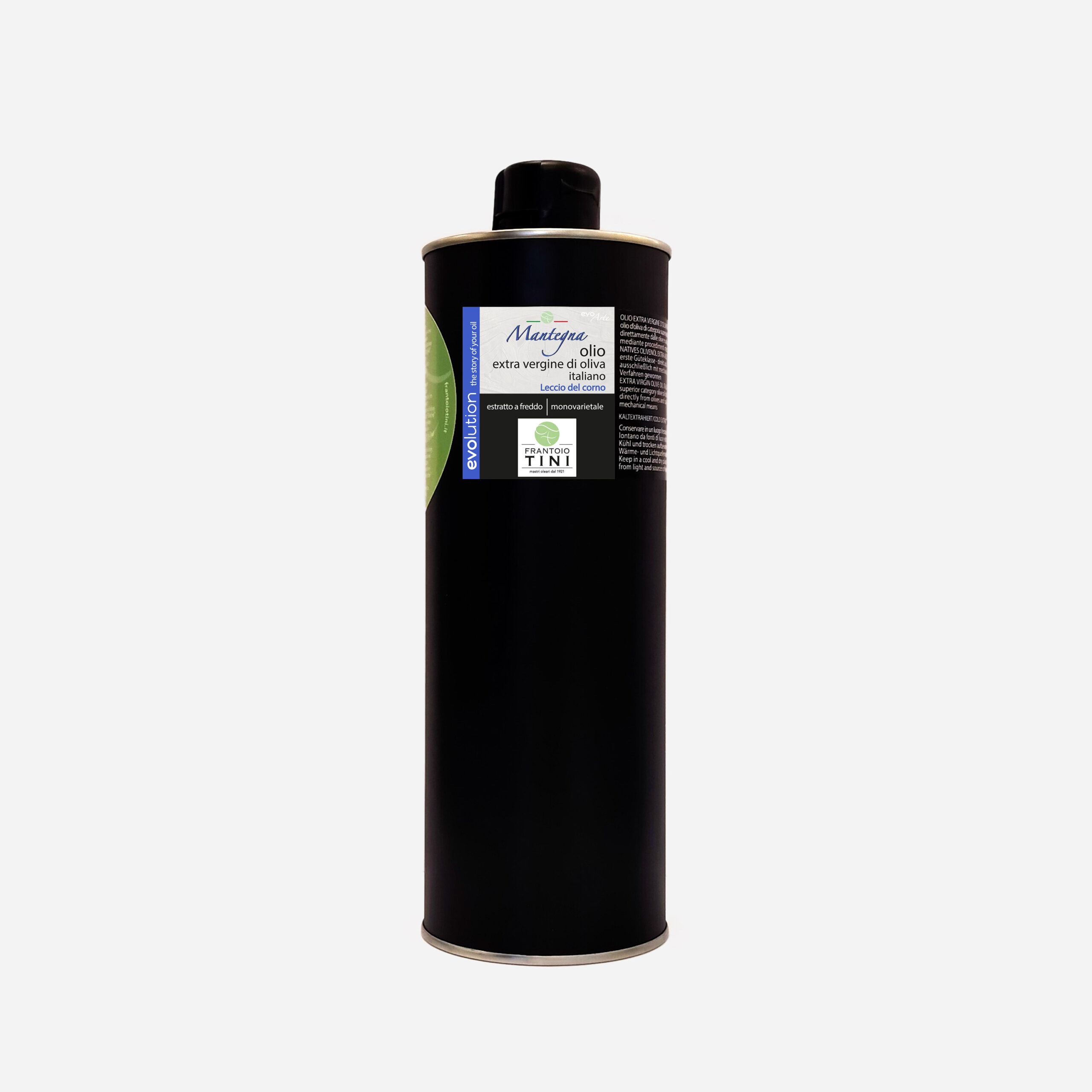 Lattina da 1L di Olio Extravergine di Oliva Mantegna Monocultivar Leccio del Corno estratto a freddo - Frantoio Tini.